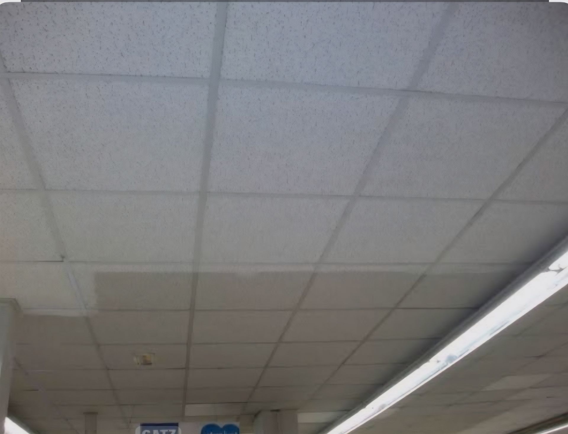 Un falso techo con una mezcla de azulejos blancos limpios y azulejos descoloridos y manchados dispuestos en una cuadrícula con luminarias.