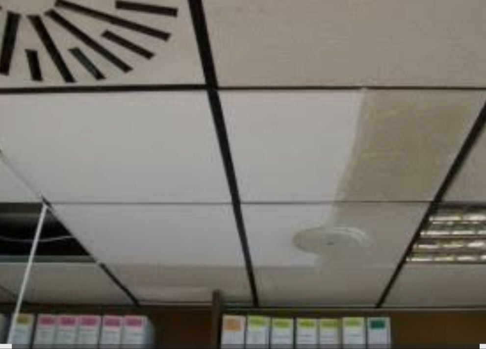 Un falso techo con baldosas cuadradas, una rejilla de ventilación y una baldosa teñida junto a una lámpara situada encima de un estante con carpetas.