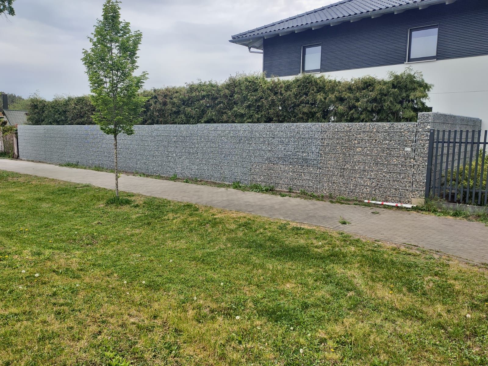 Gabionenwand mit grauen Steinen, davor Gras und gepflasterter Weg, dahinter ein Gebäude und eine Hecke.