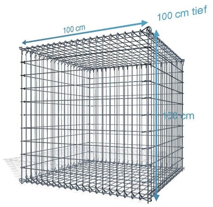 Ein Drahtgeflechtwürfel mit 100 cm Kantenlänge, wahrscheinlich eine Gabione oder ein Gartenelement.