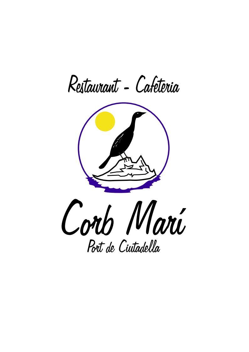 Logotipo del restaurante Corb Marí en blanco, negro y morado. Pájaro en una montaña con un sol. Texto de restaurante-cafetería arriba.