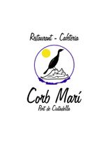 Logotipo del restaurante Corb Marí en blanco, negro y morado. Pájaro en una montaña con un sol. Texto de restaurante-cafetería arriba.