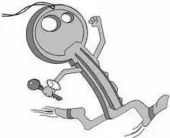 Una caricatura de una llave corriendo con una llave en la mano.