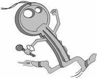 Una caricatura de una llave corriendo con una llave en la mano.