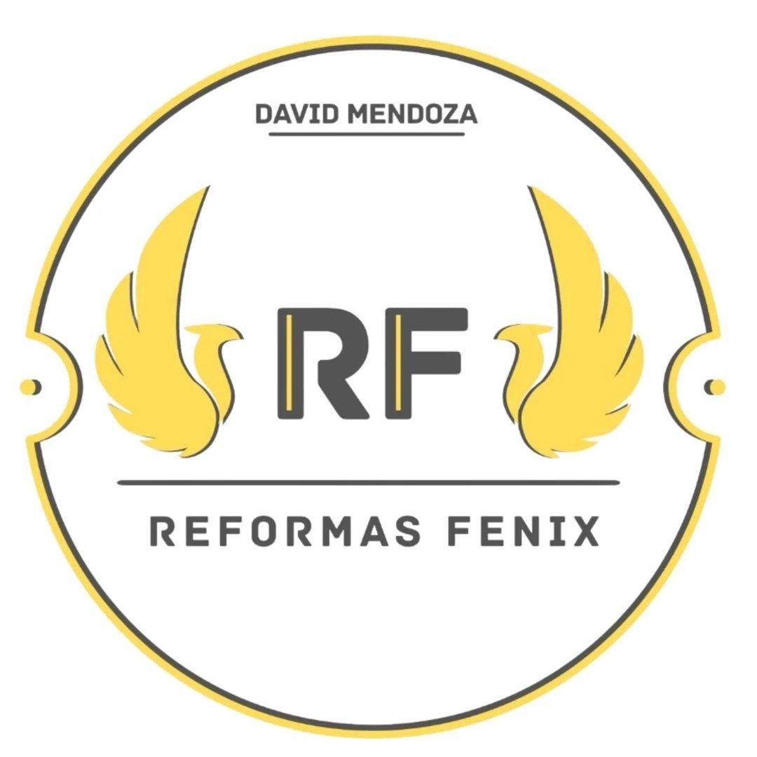 Logotipo circular con "RF" en el centro, flanqueado por alas amarillas. Textos "David Mendoza" y "Reformas Fénix".