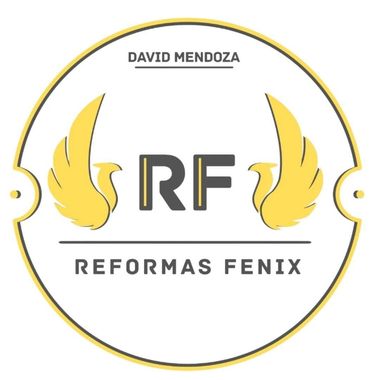 Logotipo circular con "RF" en el centro, flanqueado por alas amarillas. Textos "David Mendoza" y "Reformas F&eacute;nix".