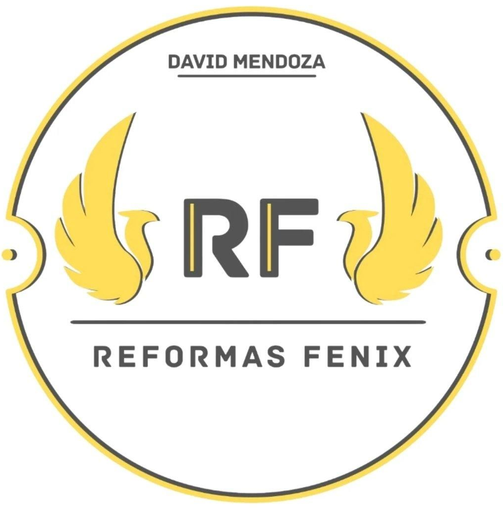 Logotipo circular con "RF" en el centro, flanqueado por alas amarillas. Textos "David Mendoza" y "Reformas F&eacute;nix".