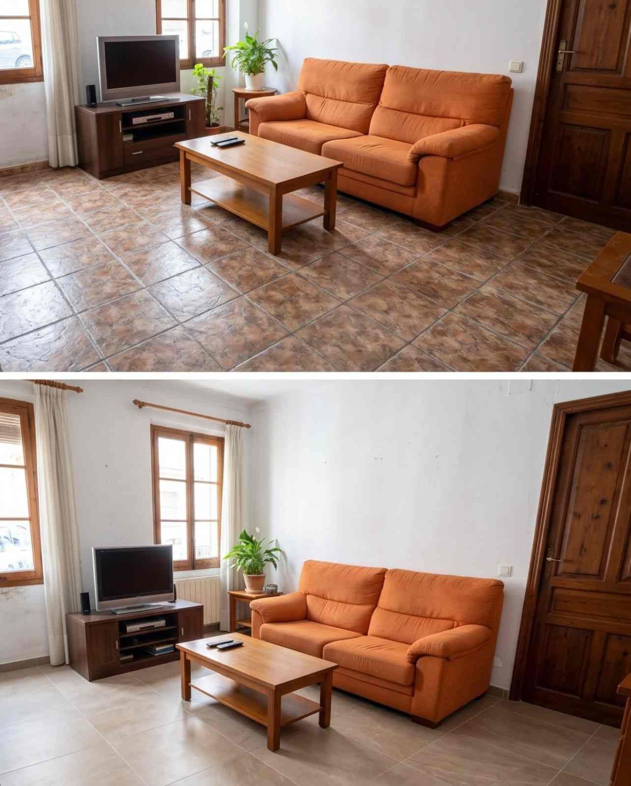 Salón con sofá naranja, mesa de centro, televisor y suelo de baldosas; mostrado en dos vistas apiladas.