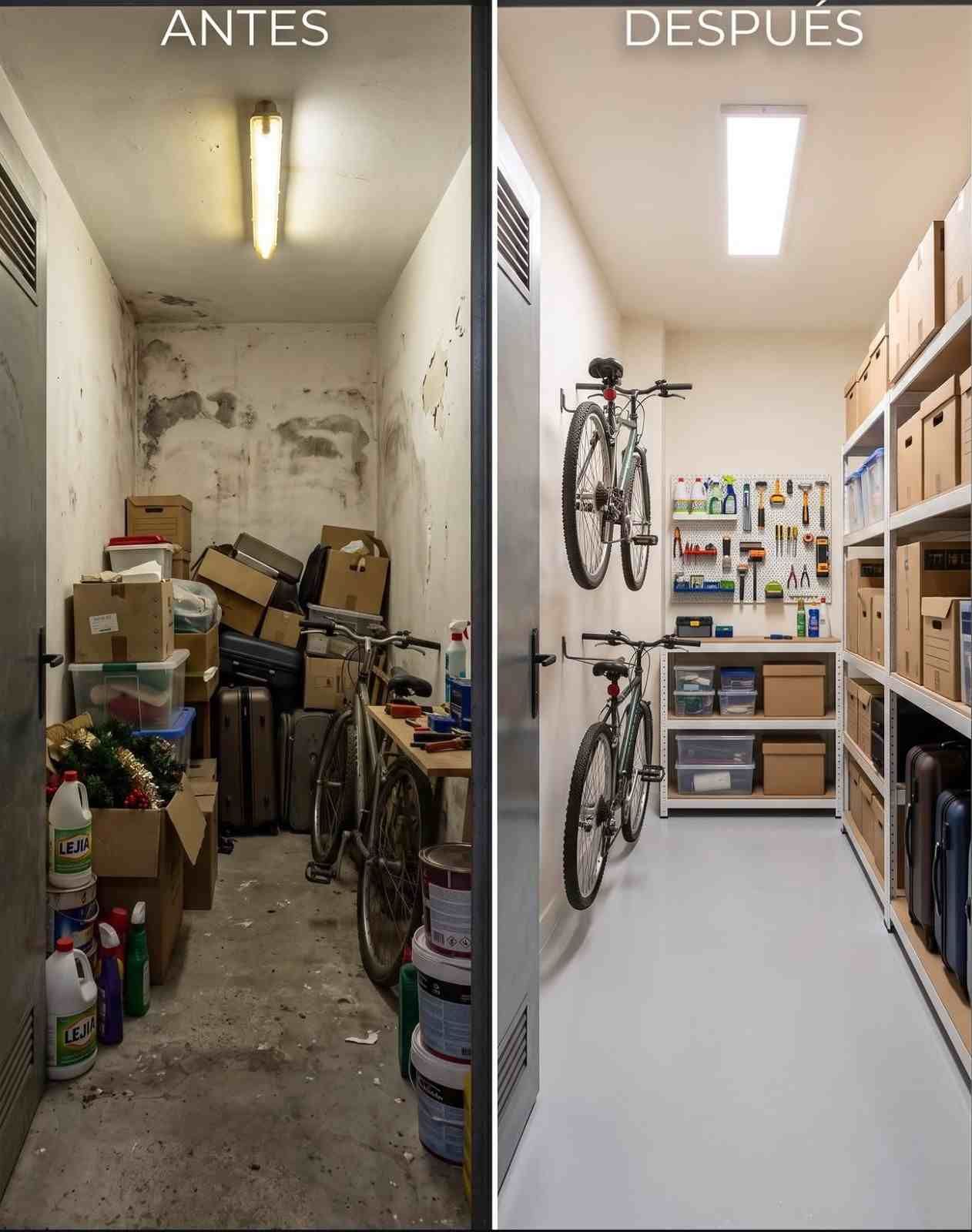Vista del antes y el después de un trastero desordenado transformado en un espacio ordenado y organizado.