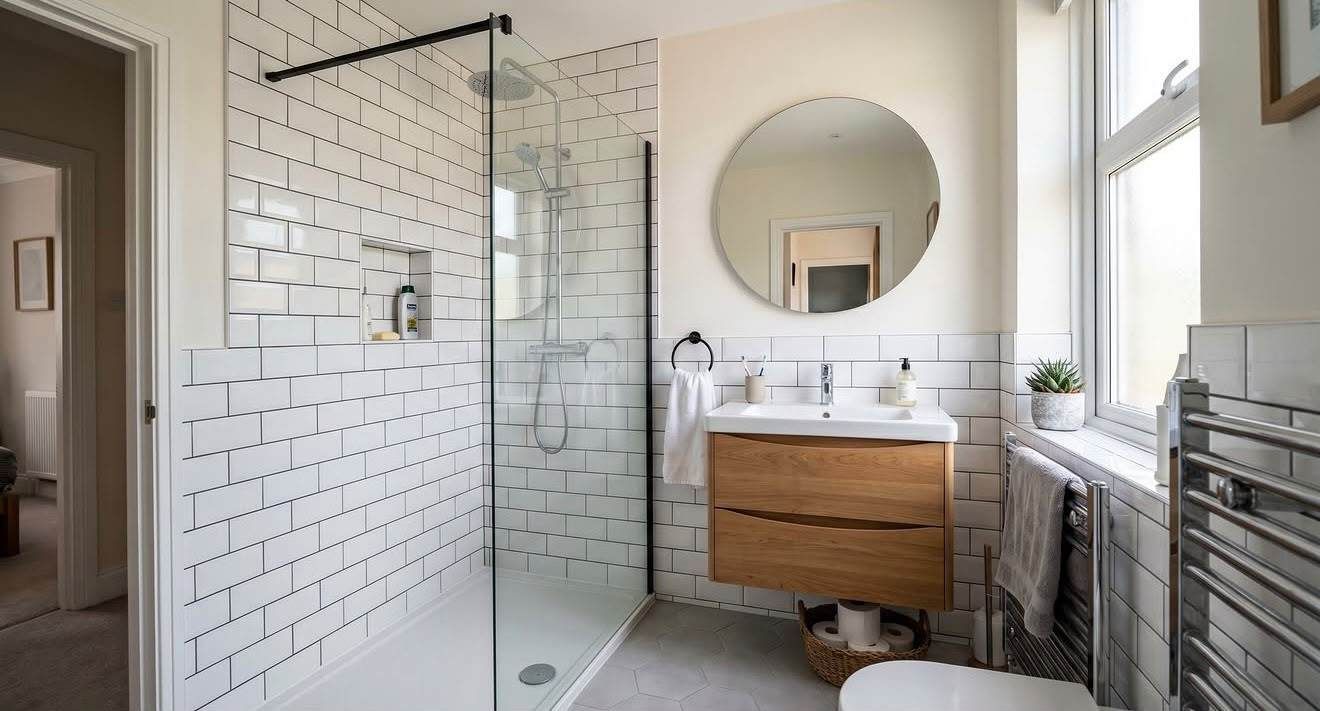 Baño moderno con ducha de cristal, azulejos blancos tipo metro, mueble de baño de madera y espejo redondo
