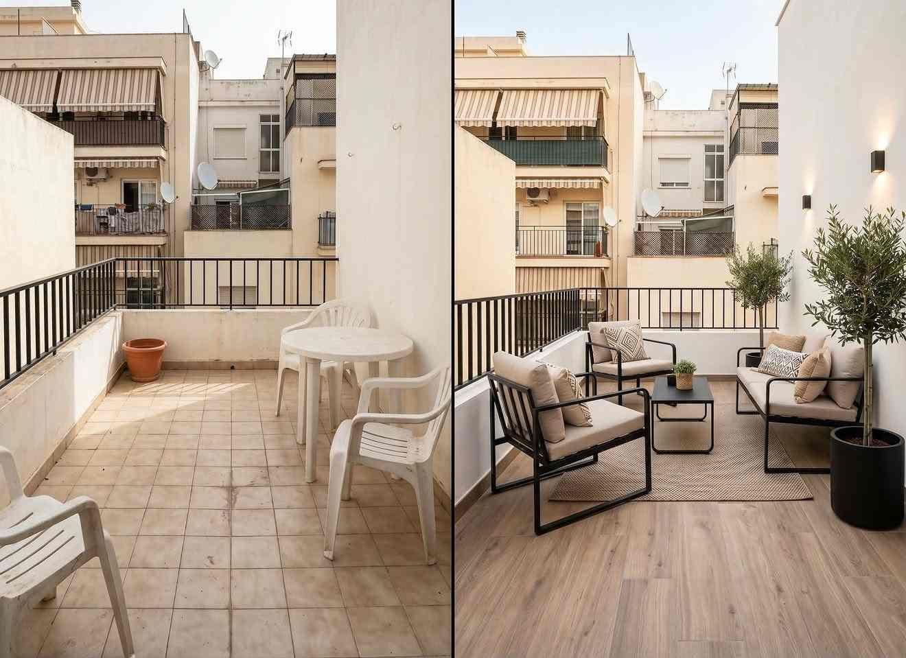 Transformación de un balcón del antes al después: el patio embaldosado se convirtió en una acogedora.