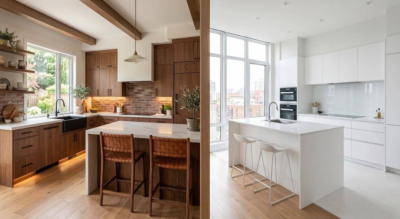 Cocina moderna con dos ambientes: una cálida cocina rústica de madera junto a una luminosa cocina.