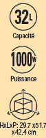 Capacité 32 L, puissance 1 000 W, HxLxP : 29,7 x 51,7 x 42,4 cm.