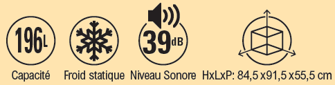 Capacité 196 L, froid statique, niveau sonore 39 dB, HxLxP : 84,5 x 91,5 x 55,5 cm.