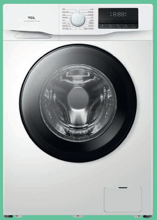 Lave-linge frontal TCL blanc avec hublot noir.