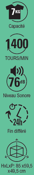 Capacité 7 kg,1 400 tours par minute, niveau sonore 76 dB, fin différé 24h, HxLxP : 85 x 59,5 x 49,5 cm.