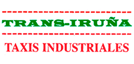 Logotipo que dice &ldquo;TRANS-IRU&Ntilde;A&rdquo; en verde y &ldquo;TAXIS INDUSTRIALES&rdquo; en rojo, enmarcado por l&iacute;neas punteadas rojas.
