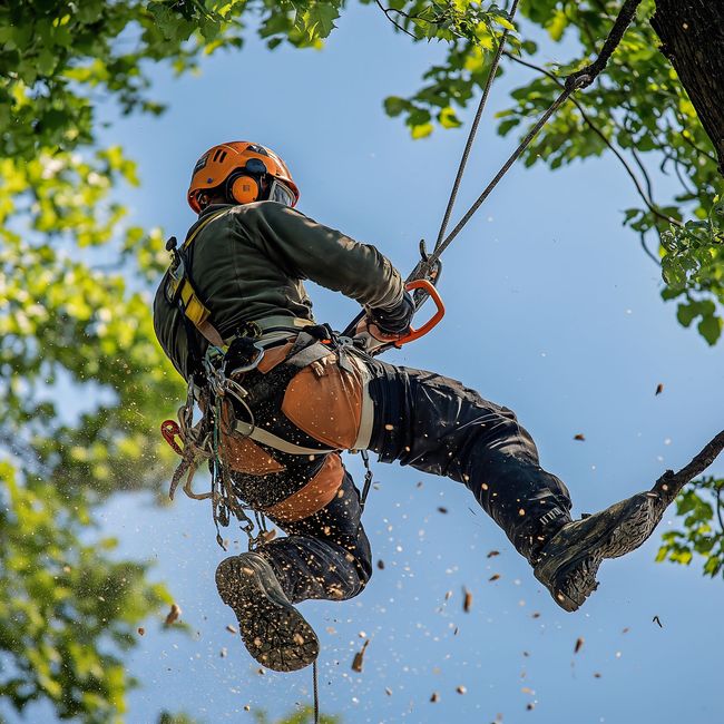 Un élagueur arboricole, habilement suspendu à un harnais