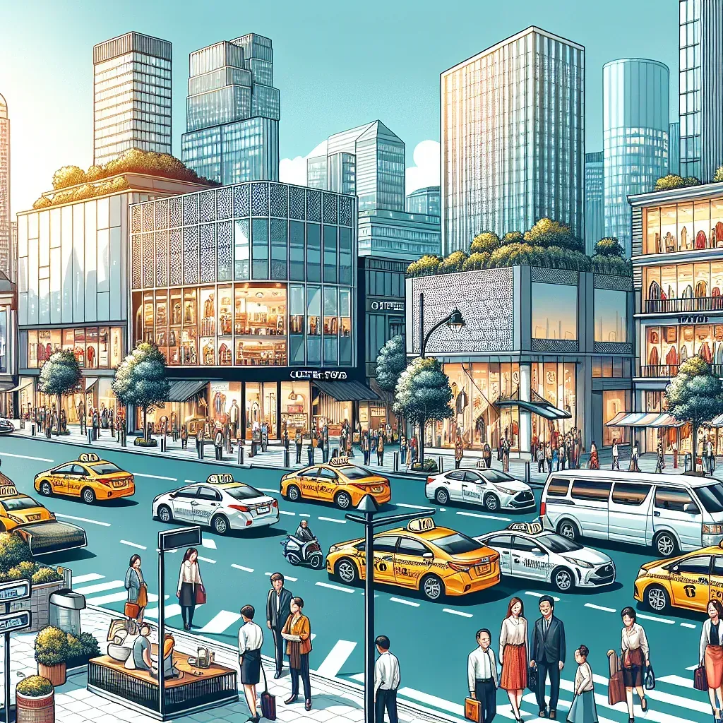 Una ilustración de una calle de la ciudad con taxis y gente caminando por ella.