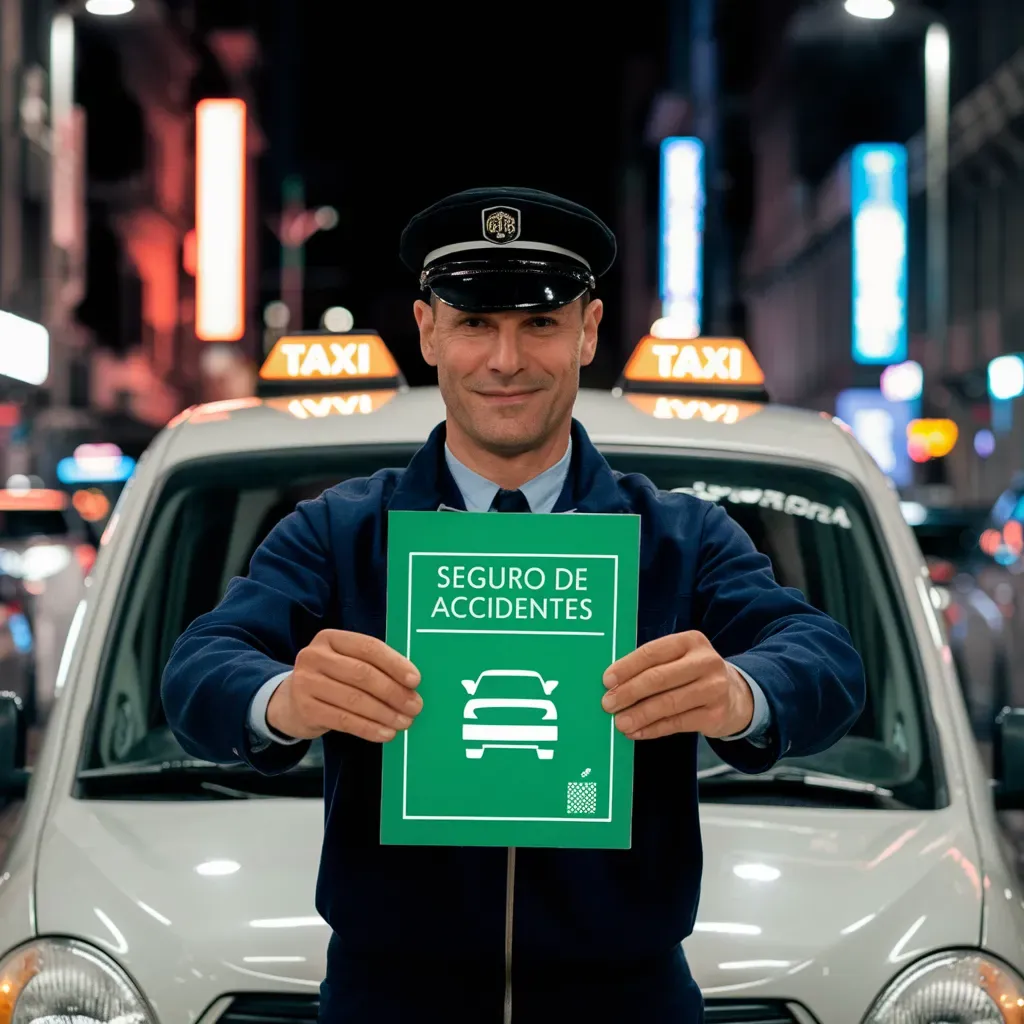 Un hombre sostiene un libro frente a un taxi que dice seguro de accidentes.
