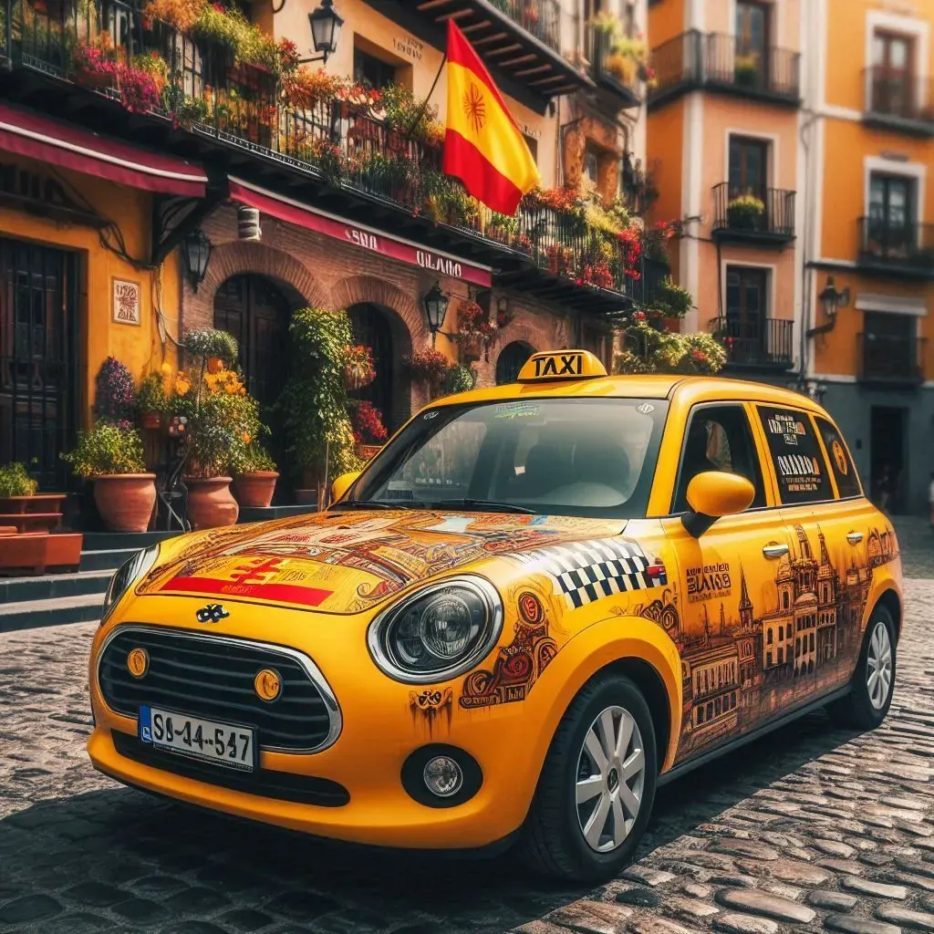 Un taxi amarillo está estacionado en una calle adoquinada