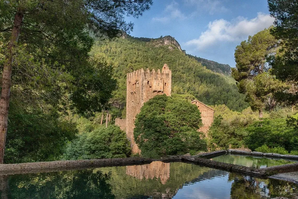 Un castillo se refleja en un lago rodeado de árboles y montañas.