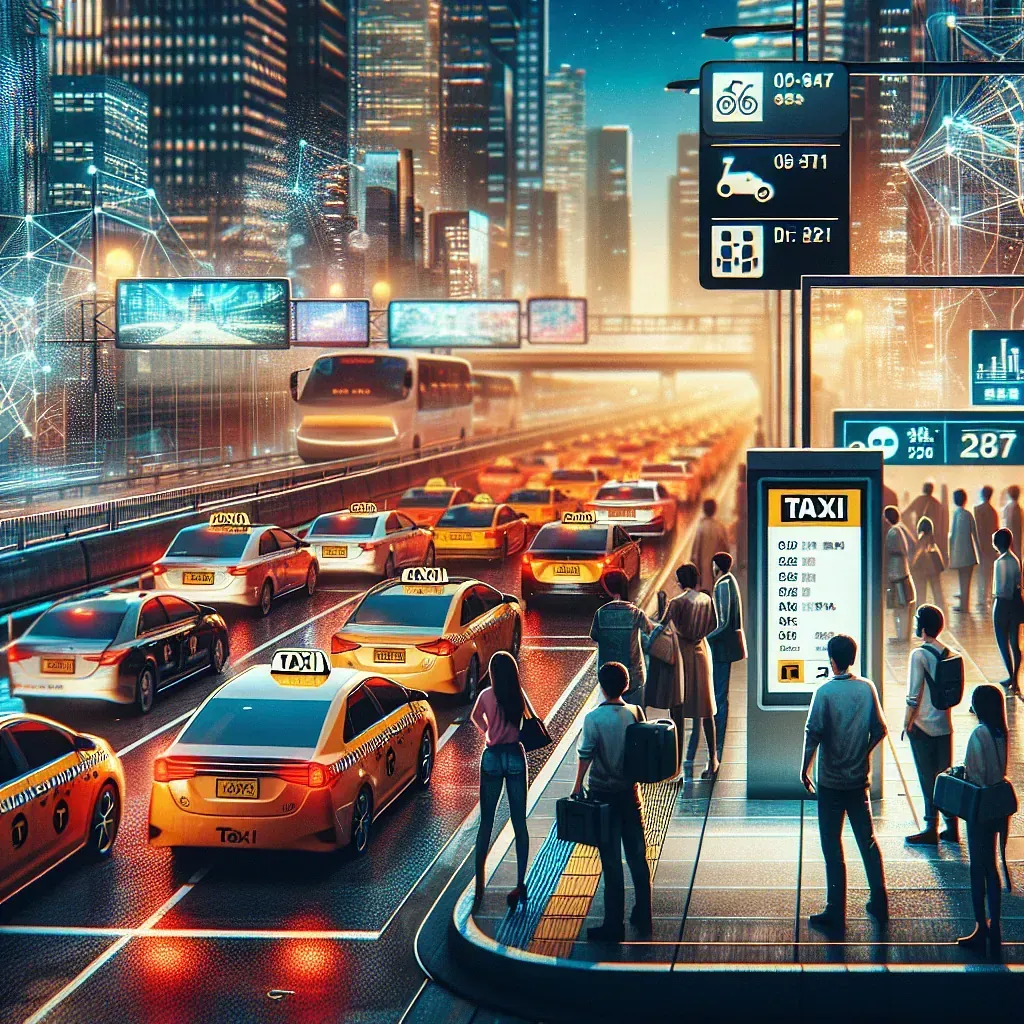 Una calle muy transitada de la ciudad con un cartel que dice taxi.