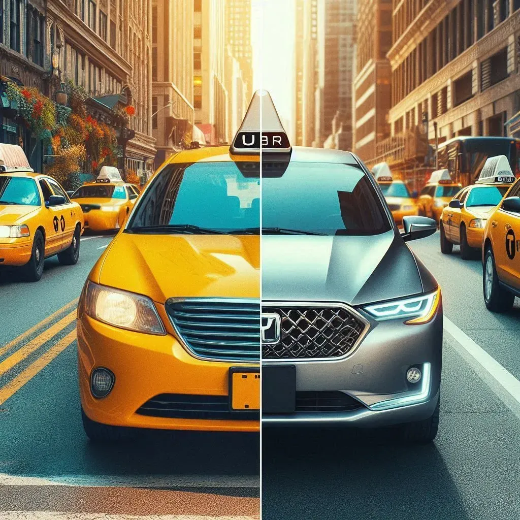 Un taxi amarillo y un taxi negro circulan por una calle de la ciudad.