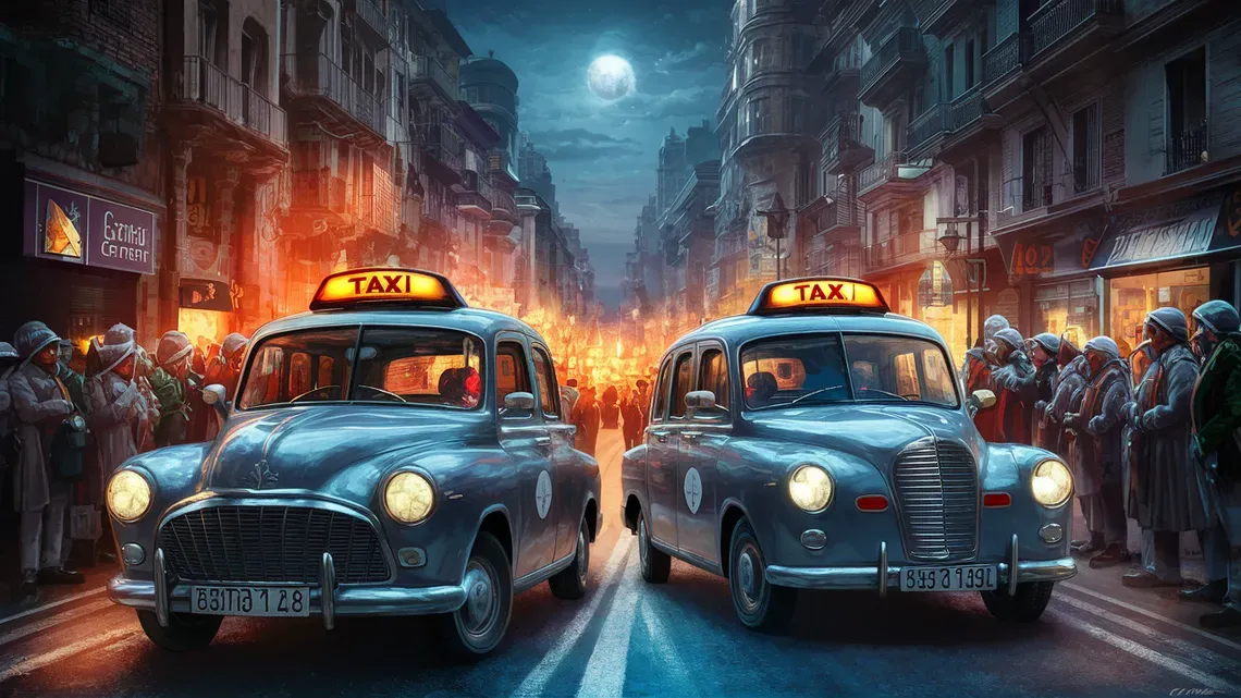 Dos taxis circulan por una calle de la ciudad por la noche.