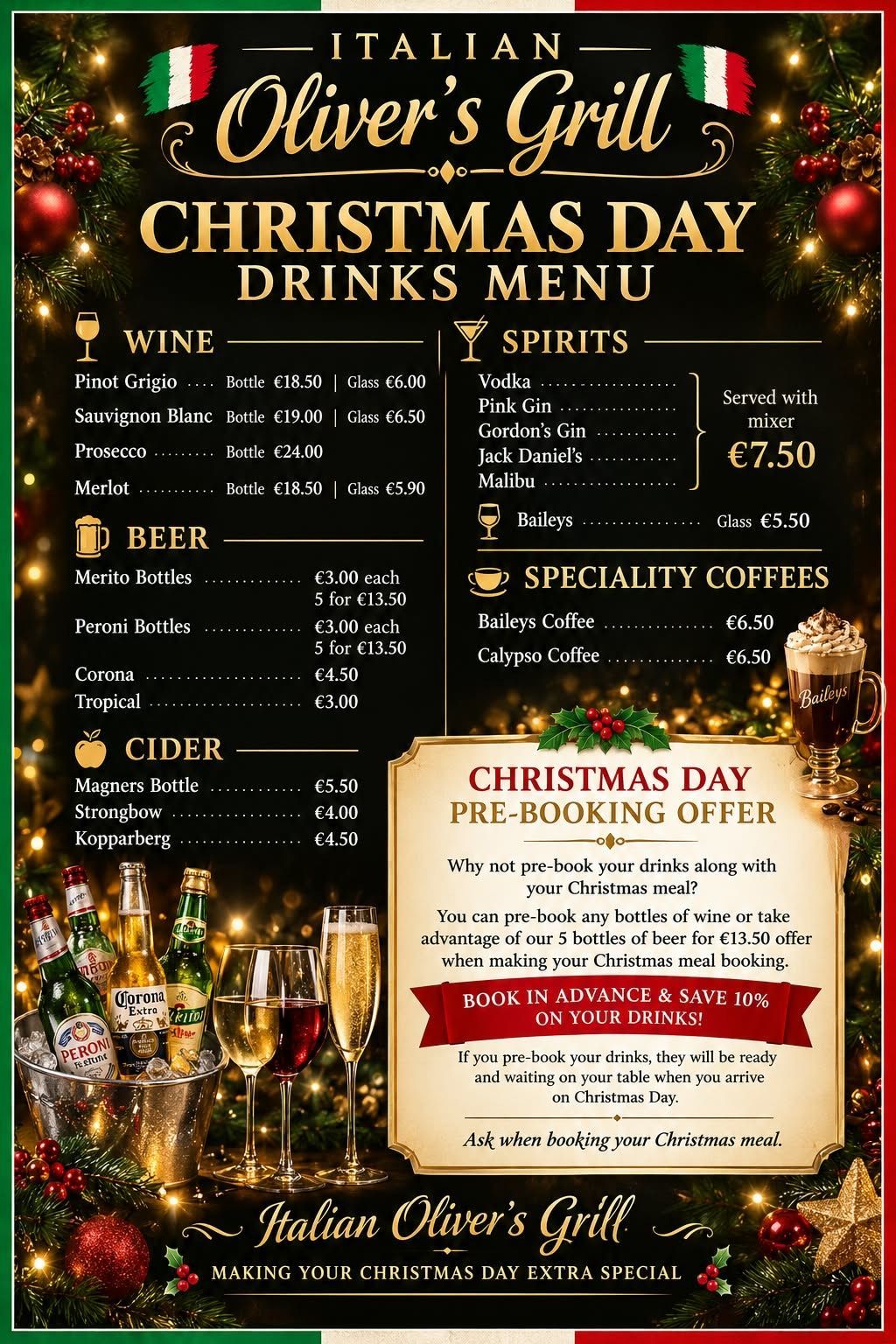 Carta de bebidas de Navidad de Oliver's Grill con cócteles festivos, vinos, cervezas, sidras y ofertas de bebidas espumosas