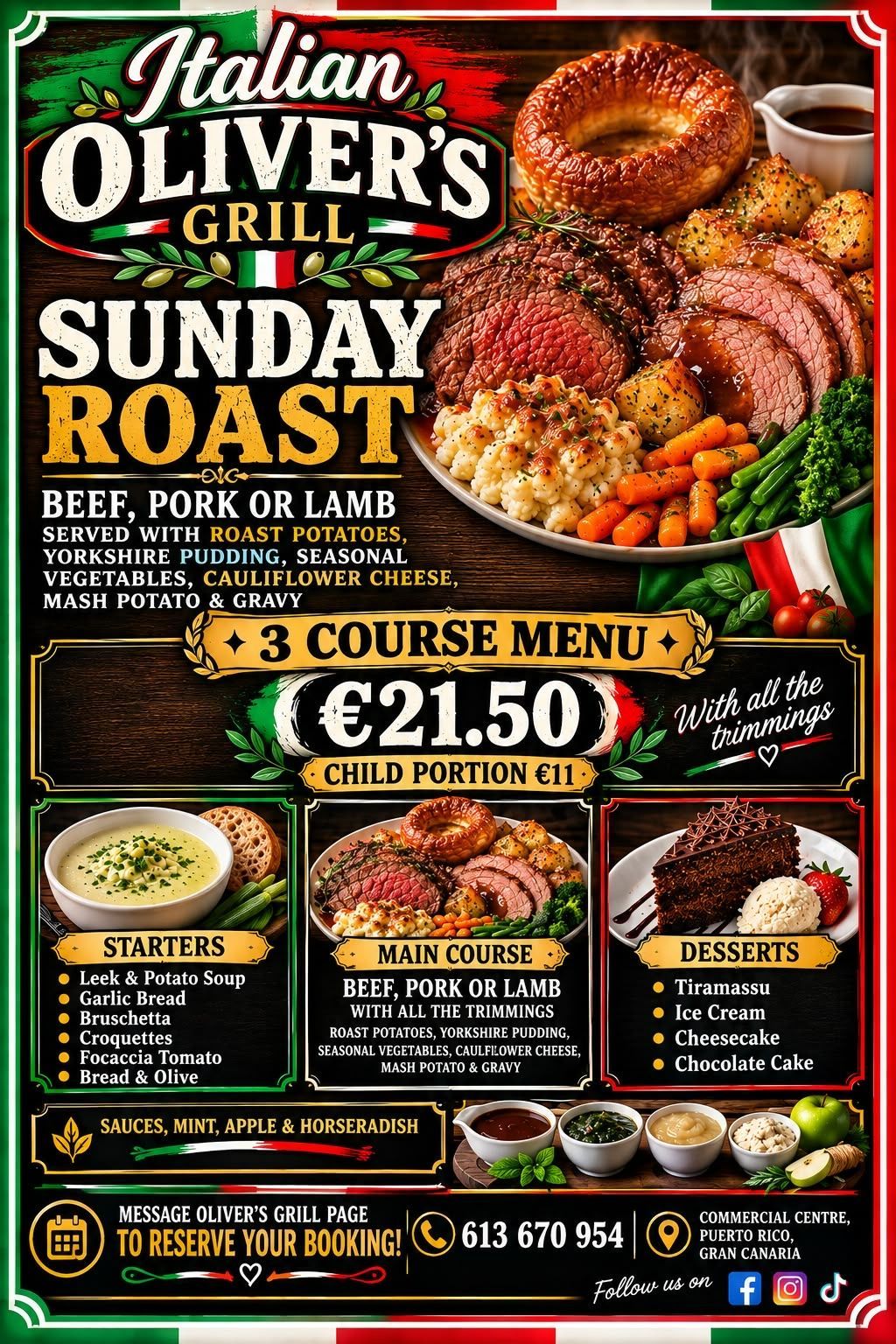 Cartel del asado dominical de Italian Oliver's Grill, con ternera, cerdo y cordero, y oferta de menú por £21.50