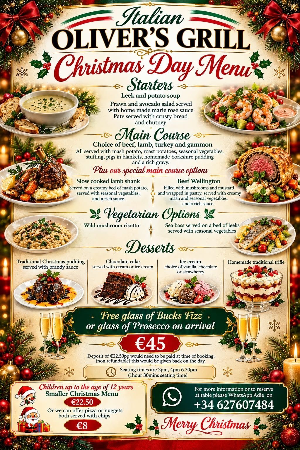 Folleto del menú de Navidad de Oliver’s Italian Grill, con un diseño festivo en rojo y verde, platos y un precio de 45 £.