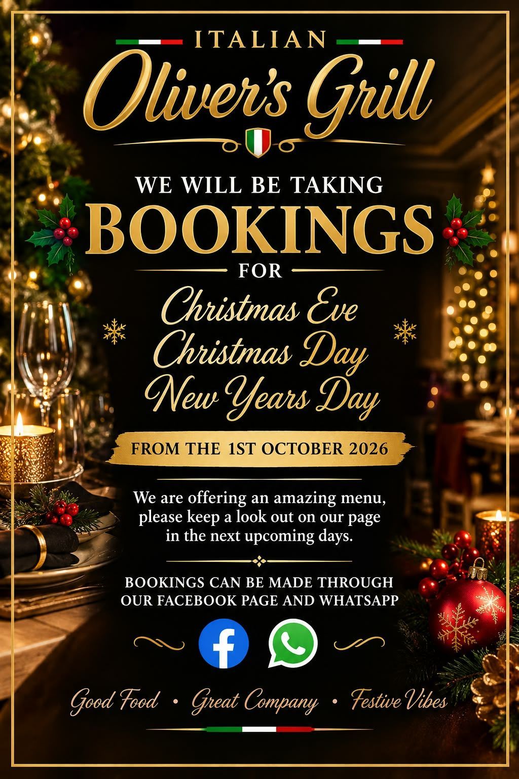 Cartel de reservas navideñas de Oliver’s Grill para Nochebuena, Navidad y Año Nuevo, con luces y adornos festivos