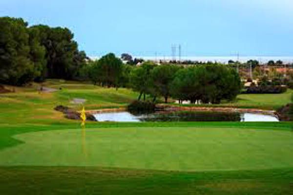 Hay un estanque en el medio del campo de golf.