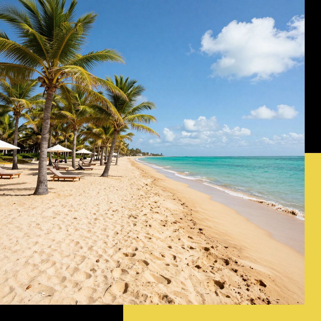 Playa tropical soleada con palmeras, arena dorada y océano turquesa bajo un cielo azul.
