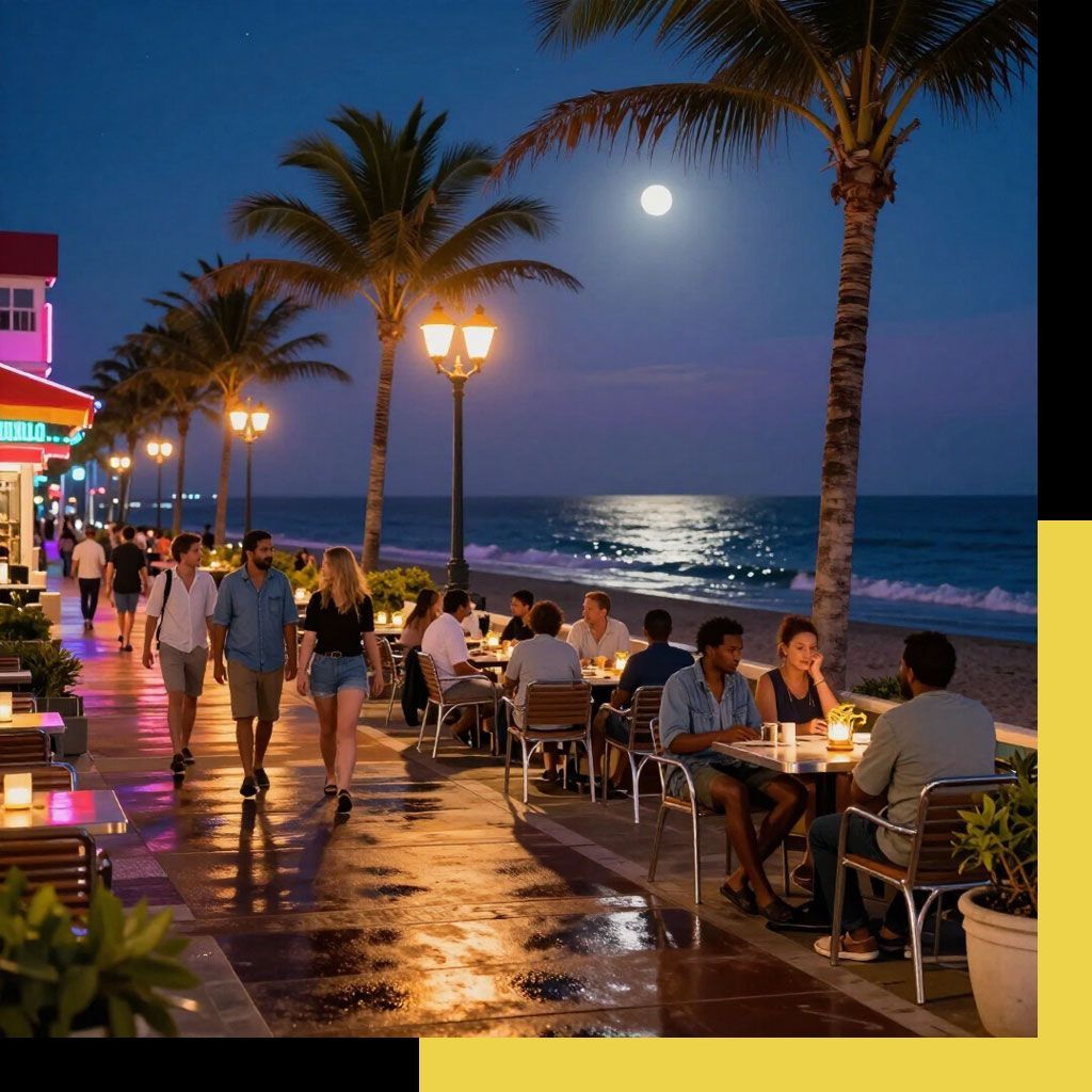 Paseo marítimo iluminado por la luna, con palmeras, comensales en mesas iluminadas y olas rompiendo en la orilla al atardecer.