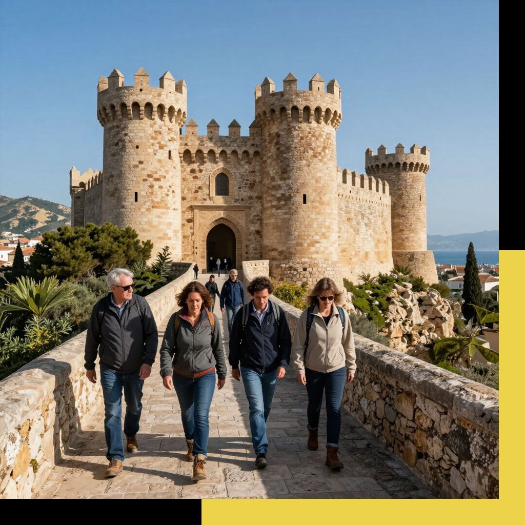 Turistas caminando hacia un castillo de piedra con torres redondas en un día soleado, con montañas al fondo.