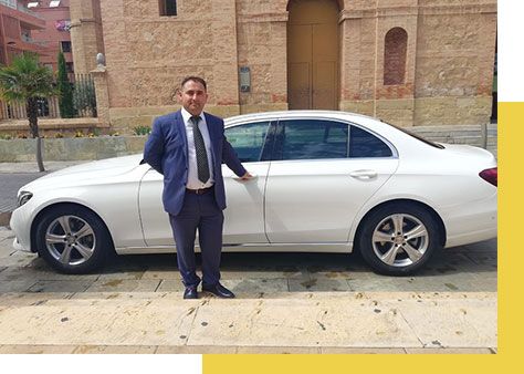Un hombre con traje y corbata está de pie junto a un coche blanco.