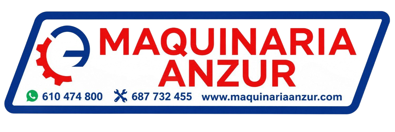 Logotipo de Maquinaria Anzur, texto azul y rojo con icono de engranaje y números de teléfono sobre fondo blanco.