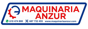 Logotipo de Maquinaria Anzur, texto azul y rojo con icono de engranaje y números de teléfono sobre fondo blanco.