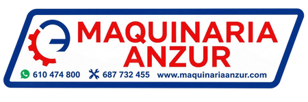 Logotipo de Maquinaria Anzur, texto azul y rojo con icono de engranaje y n&uacute;meros de tel&eacute;fono sobre fondo blanco.