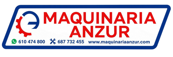 Logotipo de Maquinaria Anzur, texto azul y rojo con icono de engranaje y n&uacute;meros de tel&eacute;fono sobre fondo blanco.