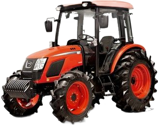 Tractor compacto naranja con cabina y grandes neumáticos negros, mostrado sobre un fondo blanco.