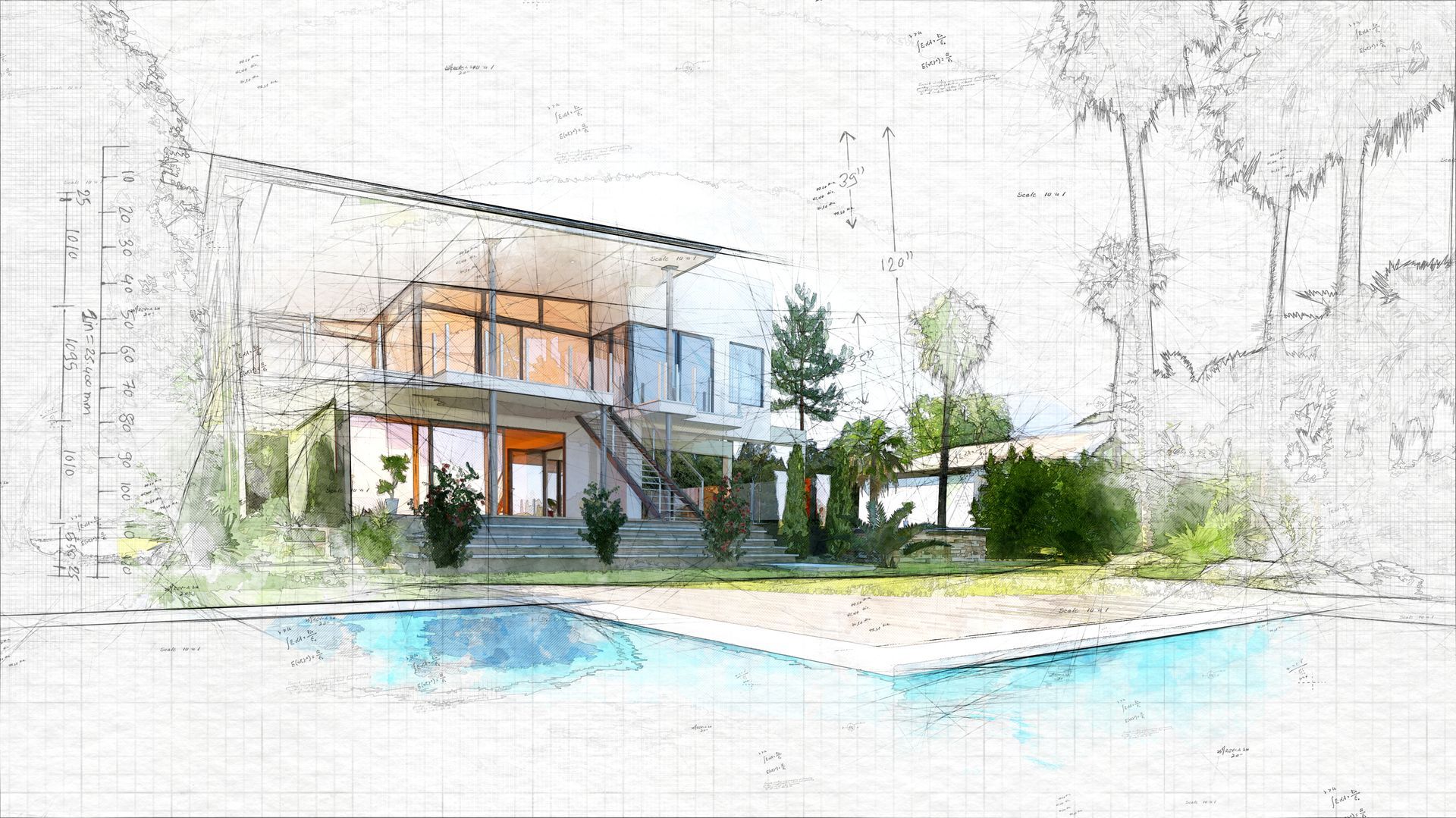 Maison moderne de deux étages avec de grandes fenêtres, entourée de palmiers, au bord d'une piscine.