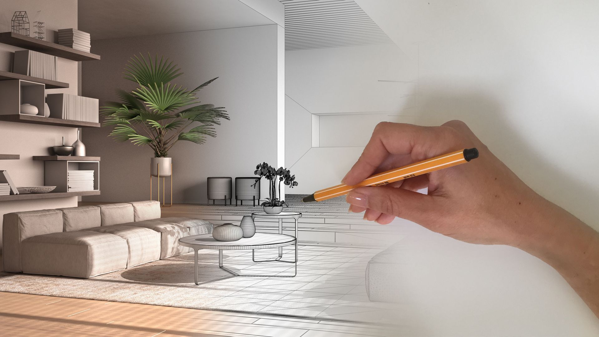 Croquis à la main sur papier d'un concept d'aménagement intérieur de salon moderne.