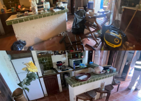 A before and after photo of a messy kitchen