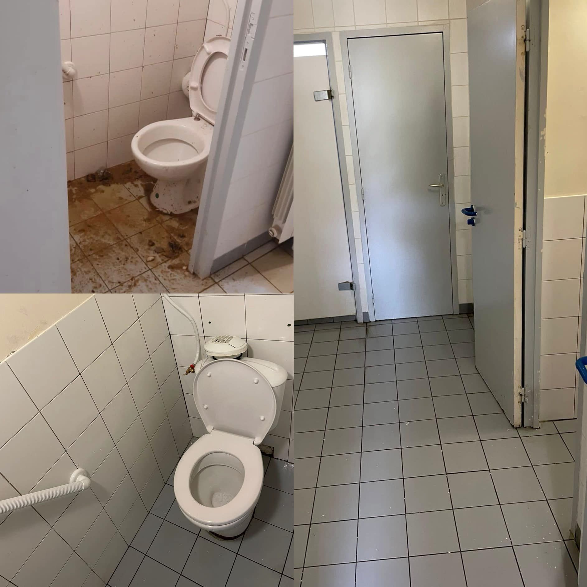 A collage of three pictures of a toilet in a bathroom