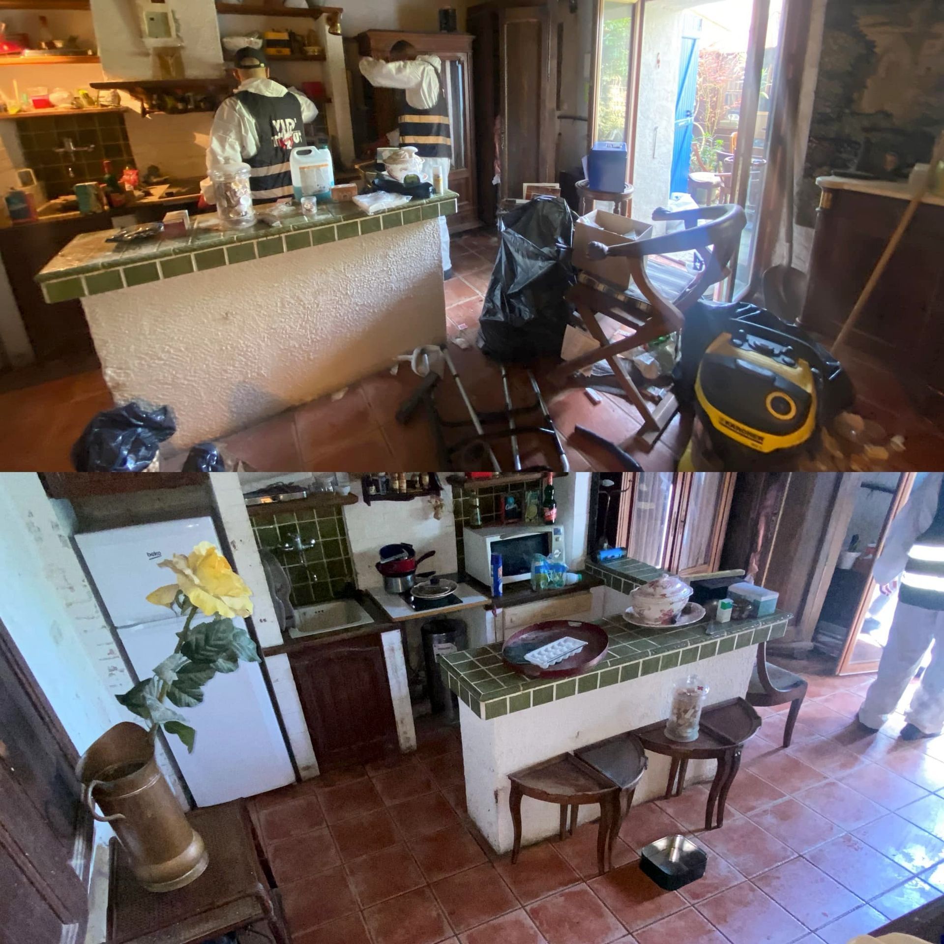 A before and after photo of a kitchen and dining room