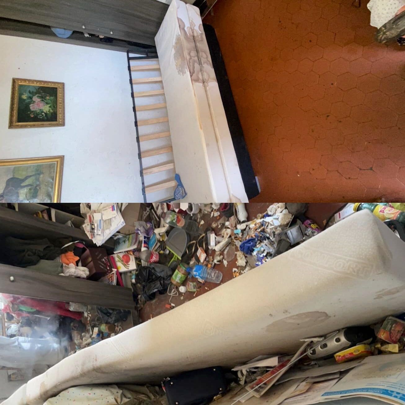 A messy room with a mattress and a picture on the wall.