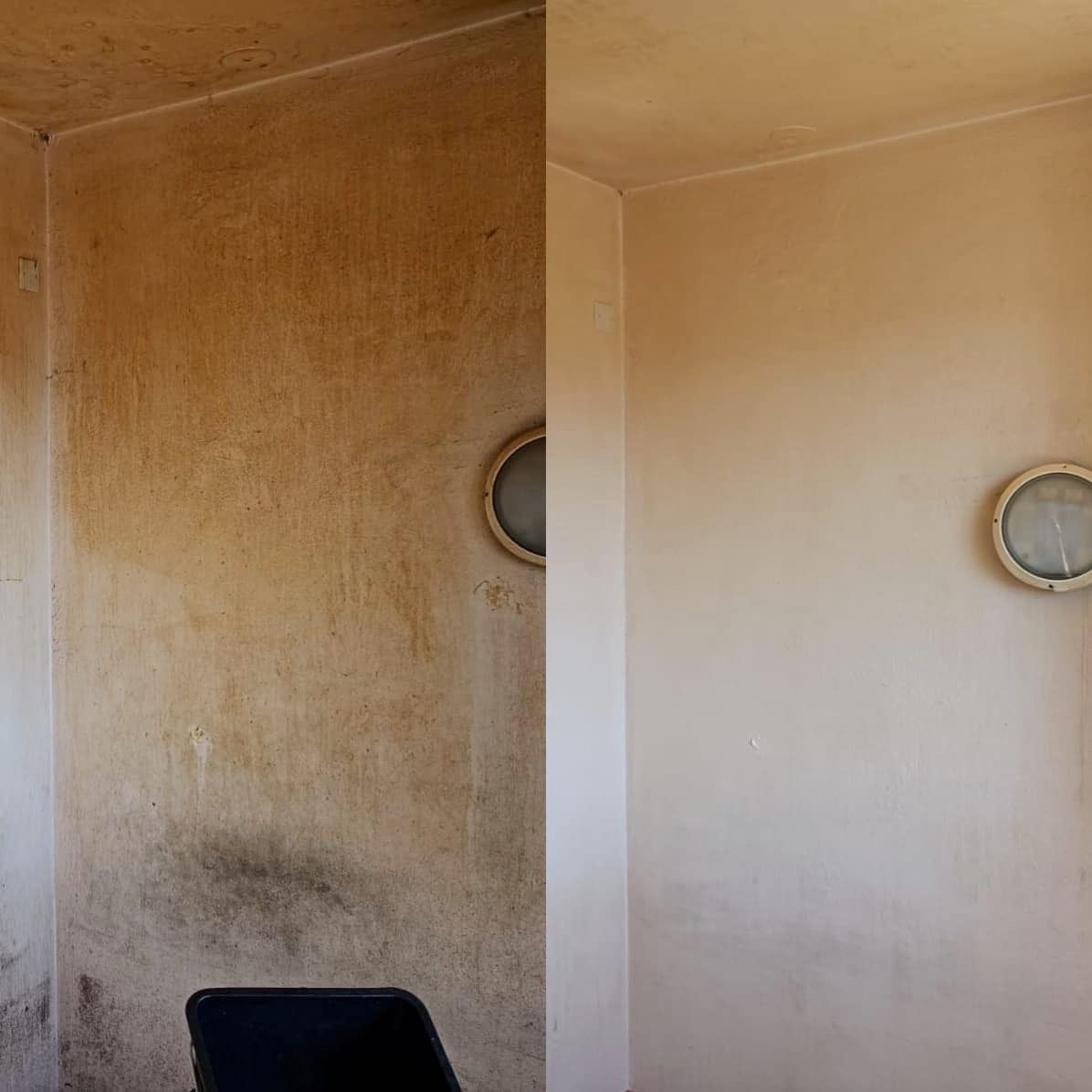 A before and after picture of a room with a clock on the wall.
